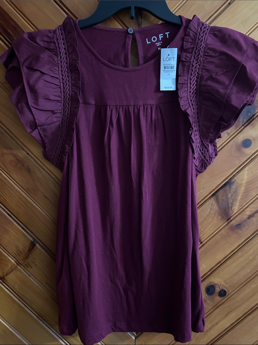 LOFT Flutter Sleeve Ruffle-Trim Top in wine color